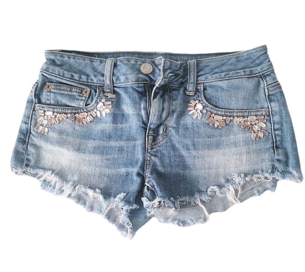 American Eagle Womens Cut Off Denim Shorts Rhinestones Bling  size 0